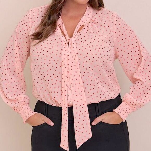 Torrid Womens Plus Size Pink Chiffon Bow Front Button-Up Polkadot Blouse Size 5X - Picture 1 of 13